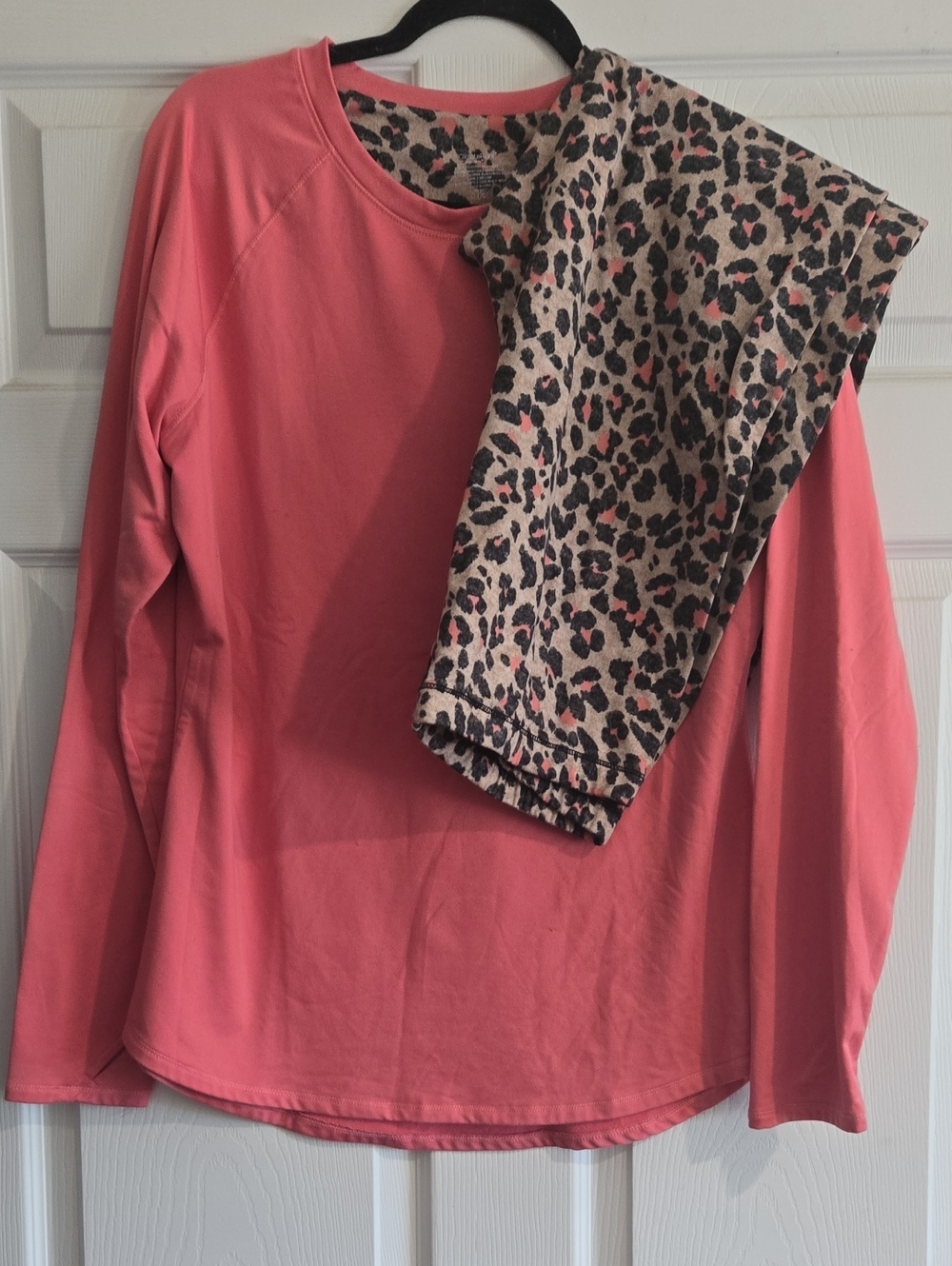 Cuddl Duds Coral Pink Long Sleeve Top with Leopard Print Lounge Pants